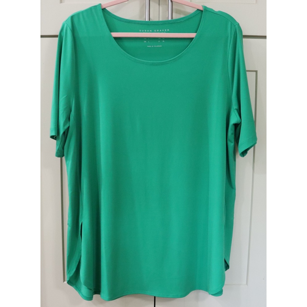 Susan Graver Modern Essentials Green Bliss Liquid Knit Tulip Hem Tunic Top L